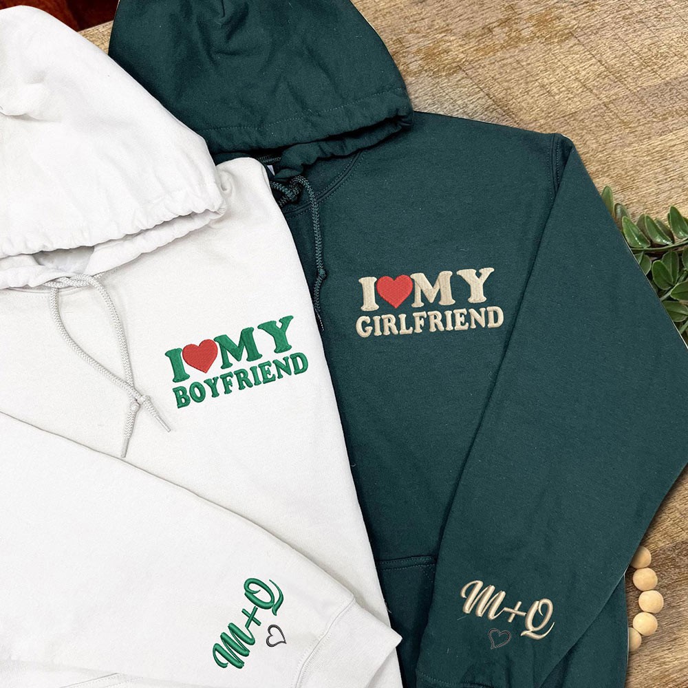 Custom Couple Embroidered I Love My Girlfriend Boyfriend Matching Hoodie Anniversary Gift Valentine's Day Gifts for Her Him