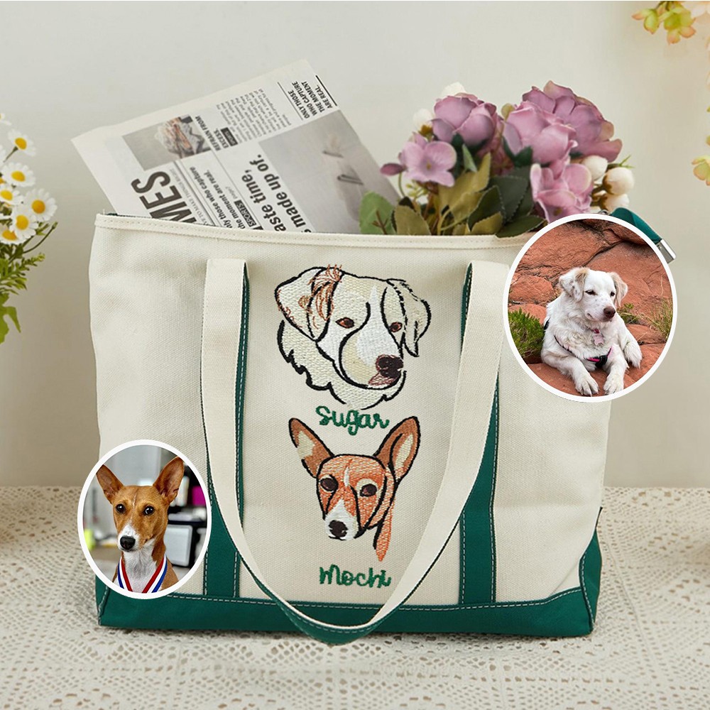 Custom Embroidered Pet Photo Portrait Tote Bag with Name for Women Unique Gifts for Pet Lover Gift Ideas for Dog Lover