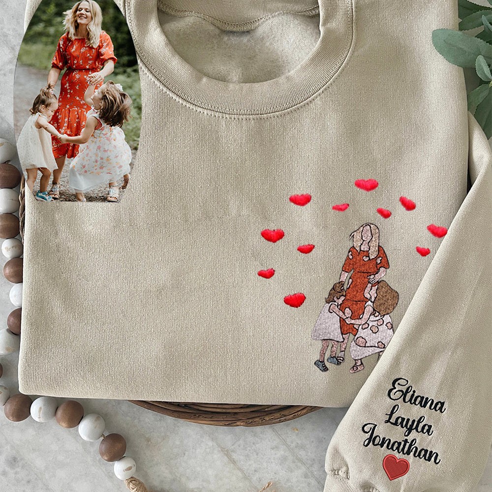Embroidered Mom Portrait Photo Sweatshirt with Kids Names on Sleeve Custom Gifts for Mom Grandma Mother's Day Gift Ideas