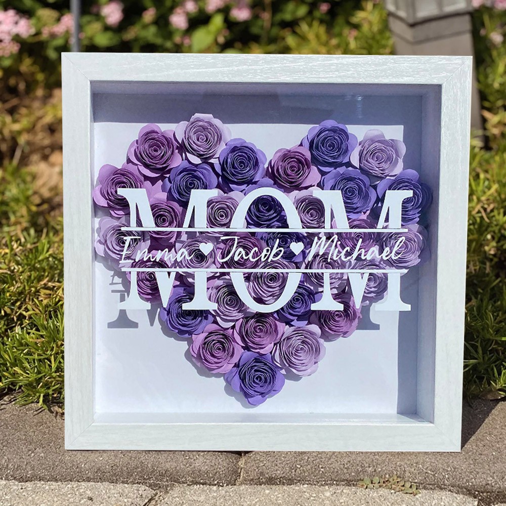 Custom Heart Shaped Mom Monogram Flower Shadow Box with Names