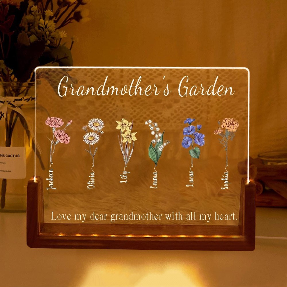 Custom Grandma's Garden Birth Flower Night Light with Kids Names Gifts for Grandma Mom Unique Mother's Day Gifts