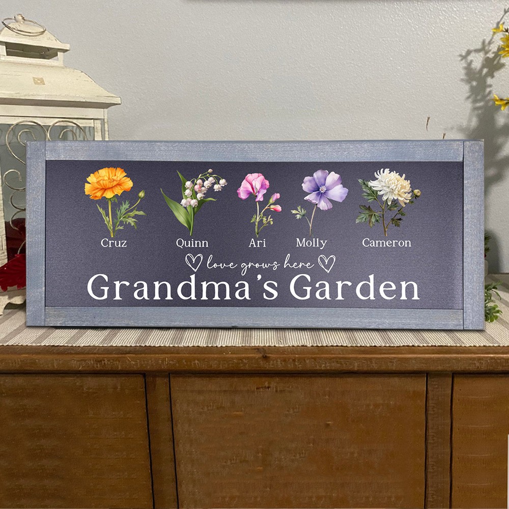 Grandma's Garden Birth Month Flower Frame Sign with Grandkids Names Personalized Gifts for Grandma Mom Mother's Day Gift