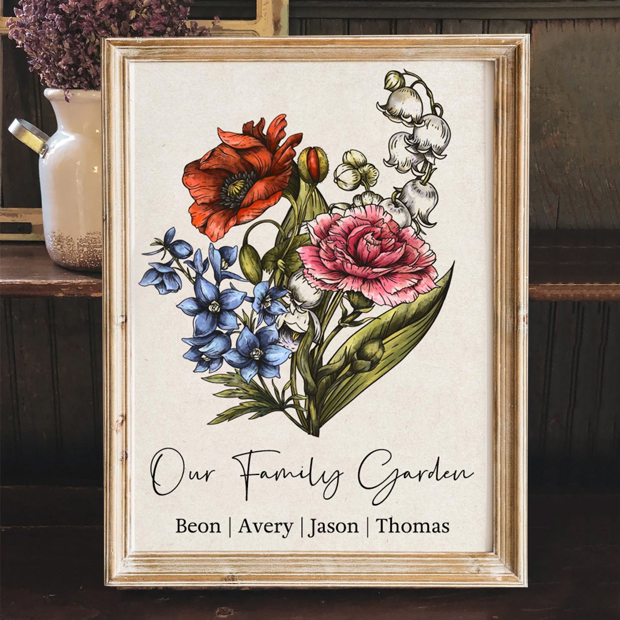 Personalized Our Family Garden Art Print Birth Month Bouquet Frame Unique Gifts for Mom Christmas Gift Ideas