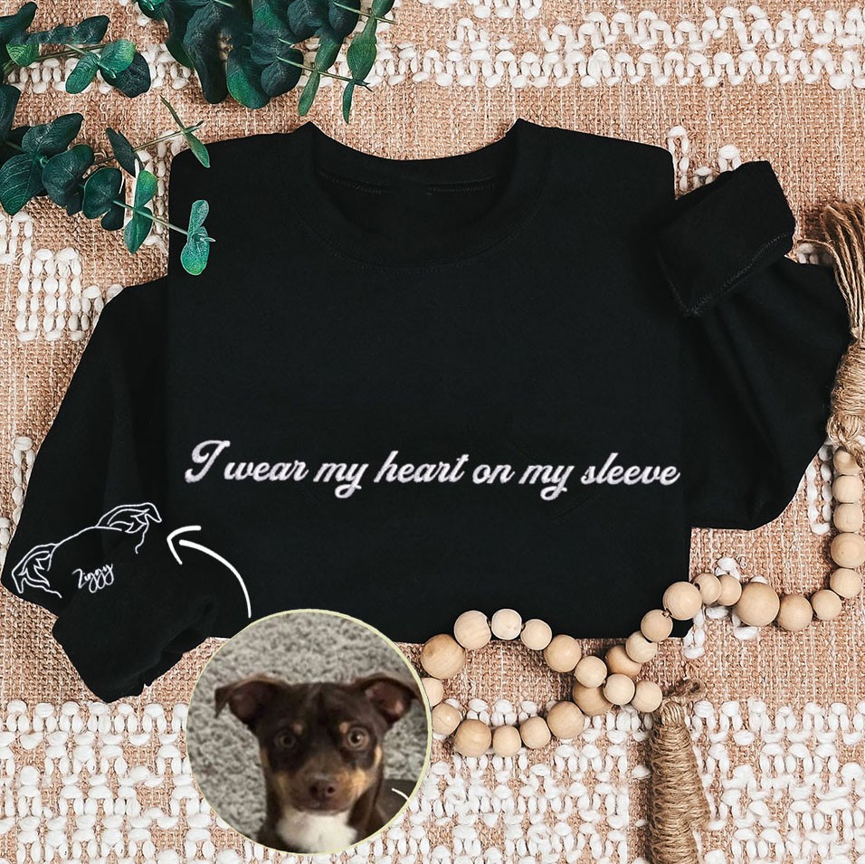 Custom I Wear My Heart on My Sleeve Embroidered Dog Ears Outline Sweatshirt Hoodie Dog Mom Gift Ideas