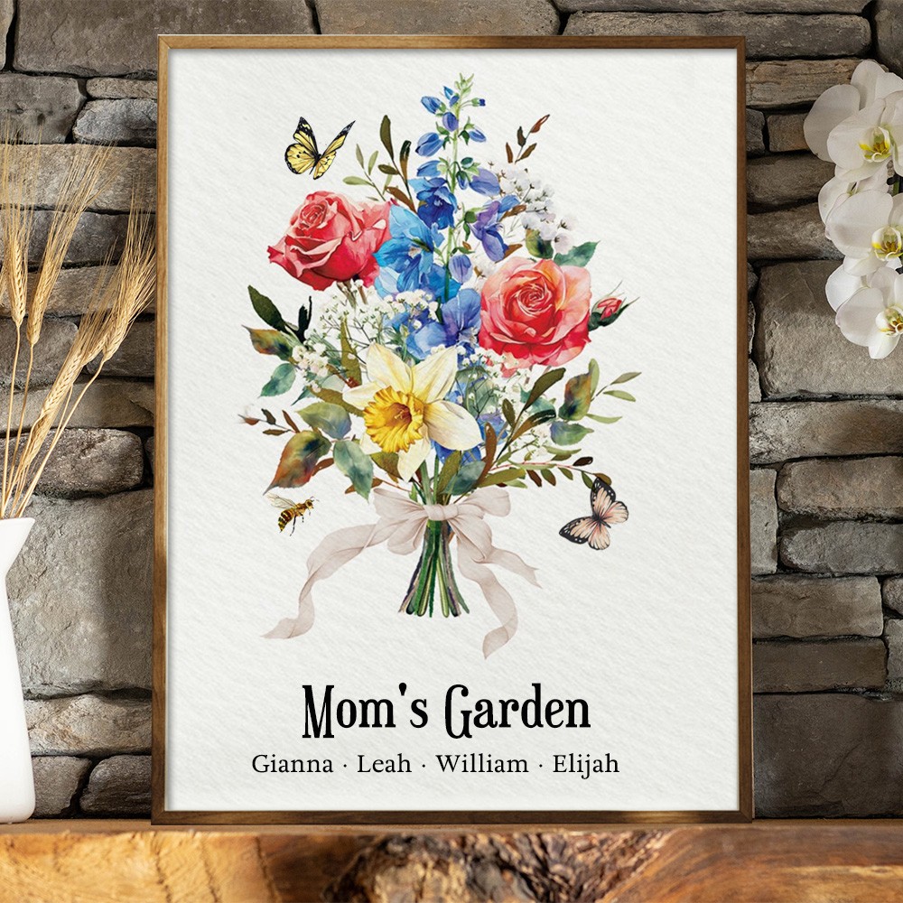 Custom Art Print Mom's Garden Birth Flower Bouquet Frame With Kids Names Christmas Gifts Unique Gifts for Grandma Mom