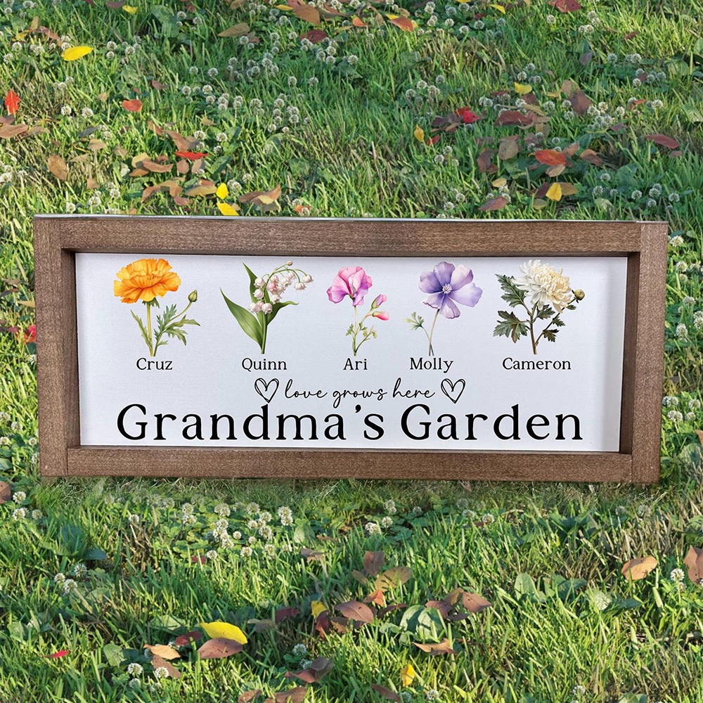 Custom Grandma's Garden Birth Month Flower Frame Sign with Grandkids Names Gifts for Grandma Mom Mother's Day Gift