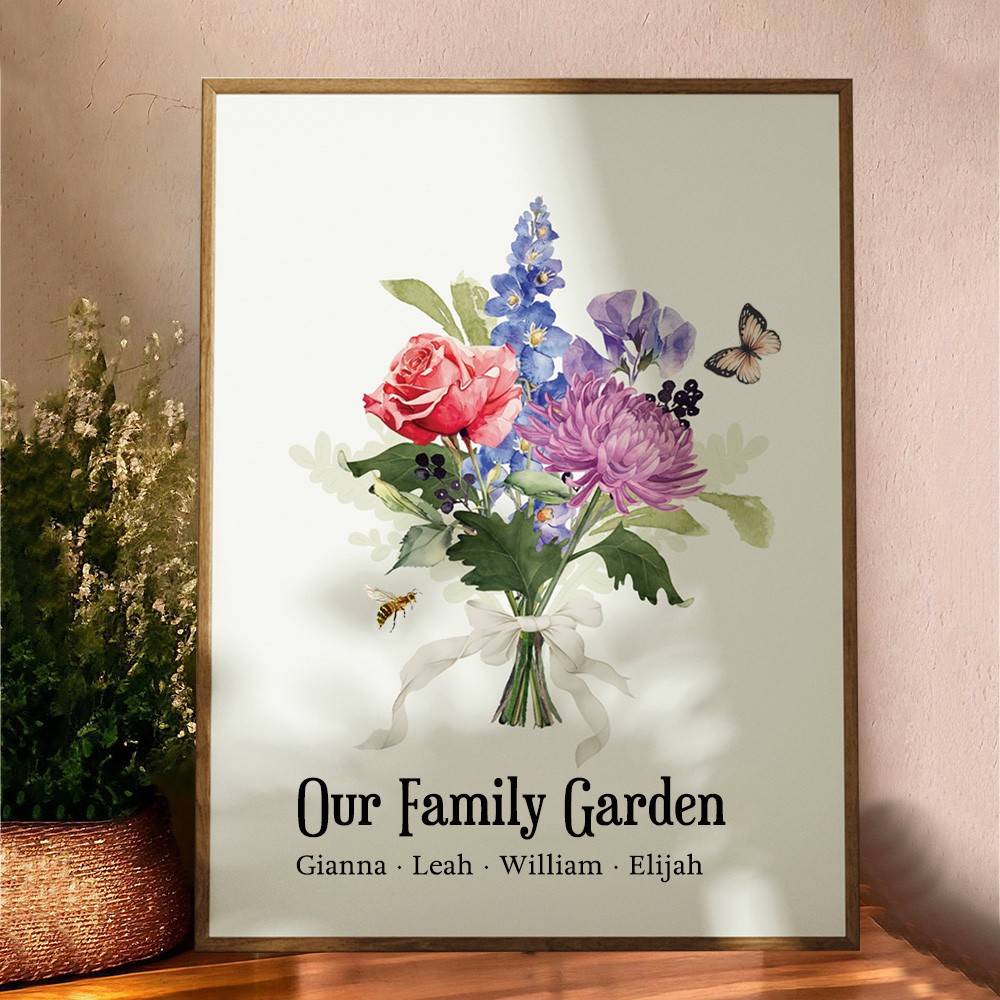 Personalized Our Family Garden Birth Flower Bouquet Frame Family Keepsake Gifts for Mom Grandma Christmas Gift Ideas