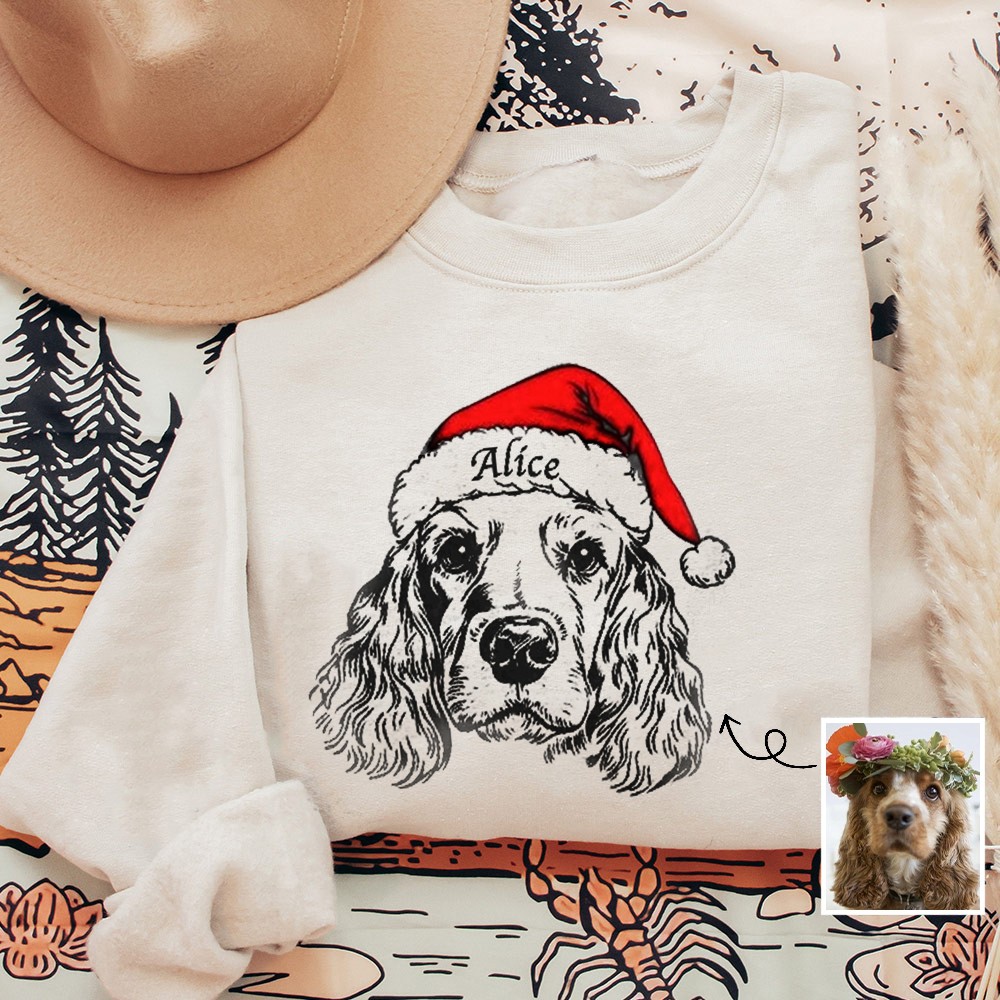 Custom Pet Portrait Christmas Sweatshirt with Santa Hat Gifts for Dog Owners Christmas Gift for Pet Lovers