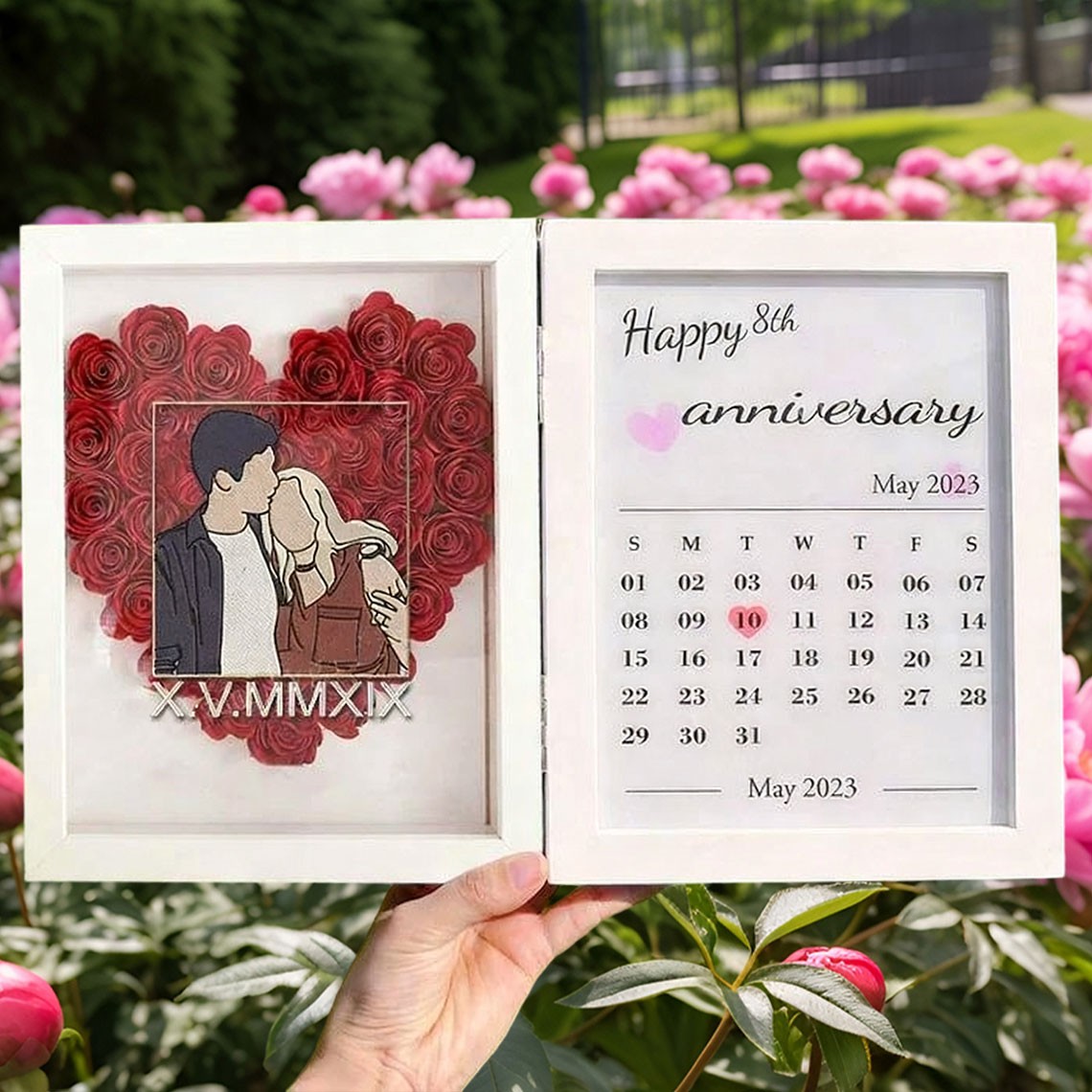 Custom Heart Shape Portrait Flower Shadow Box with Calendar Anniversary Gifts Unique Gifts for Couples
