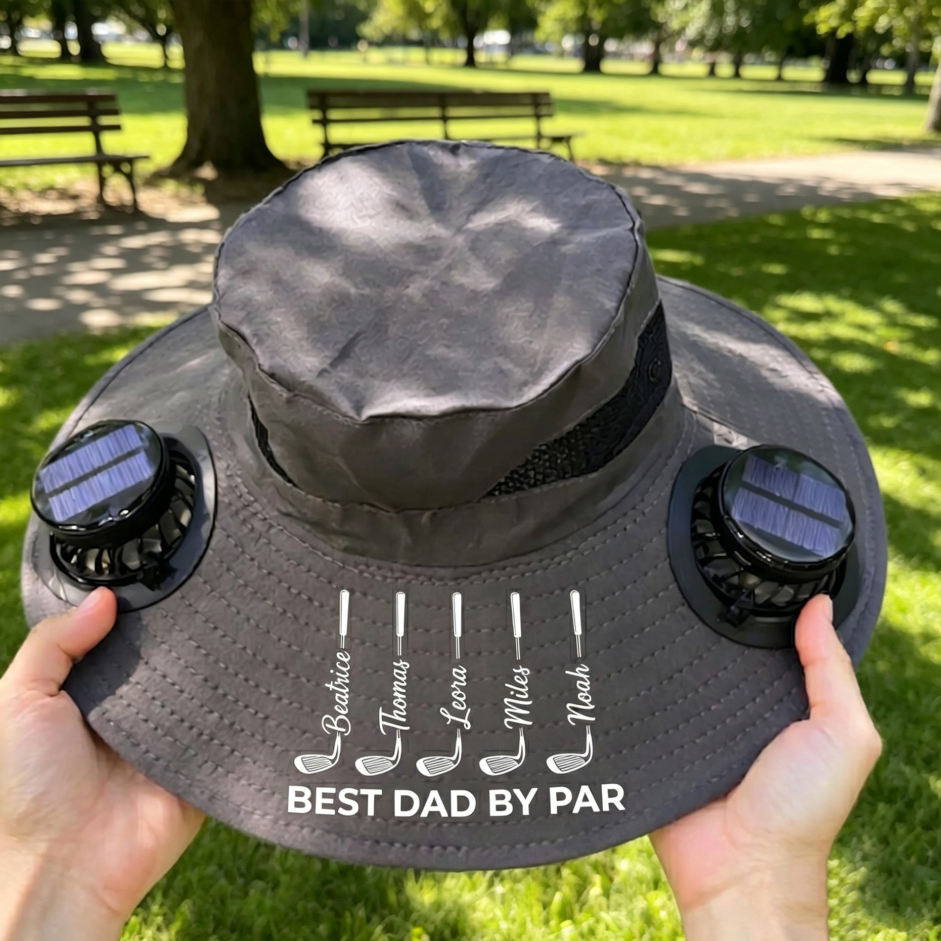 Personalized Dad Solar Fan Hat, Custom Embroidered Wide Brim Sun Protection Bucket Hat, Unique Gift for Him