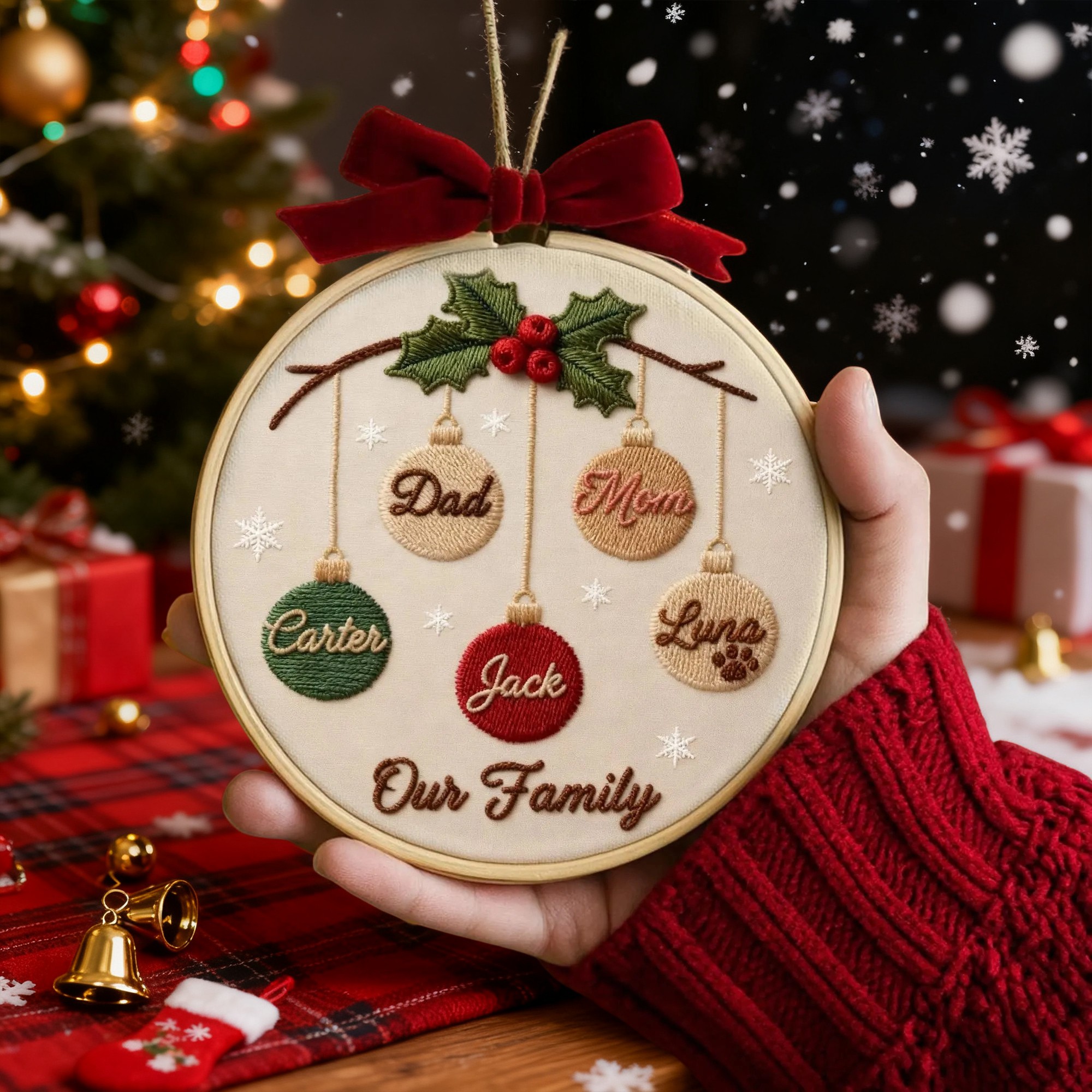 Personalized Family Embroidery Christmas Tree Ornament with Kids Names Family Christmas Gifts