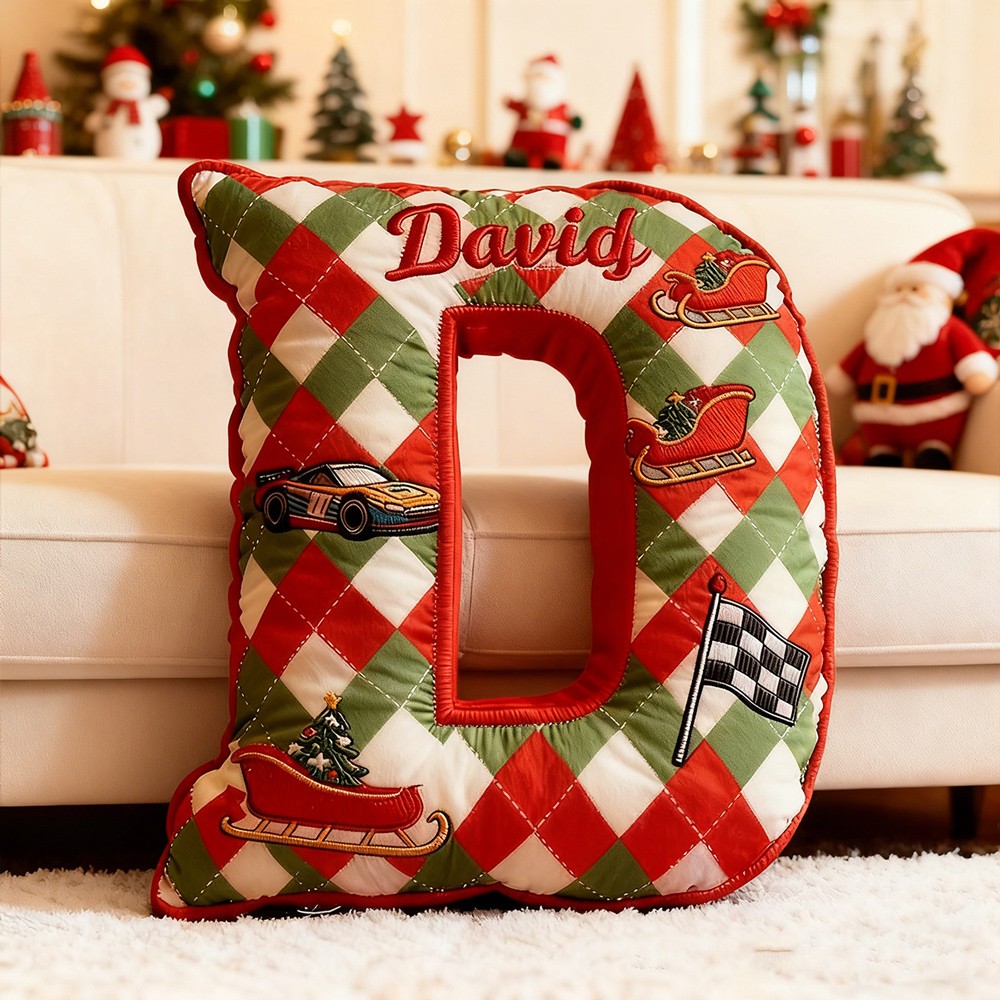Personalized Christmas Plaid Racing Letter Pillow with Custom Name Racing Lover Gift Christmas Gift