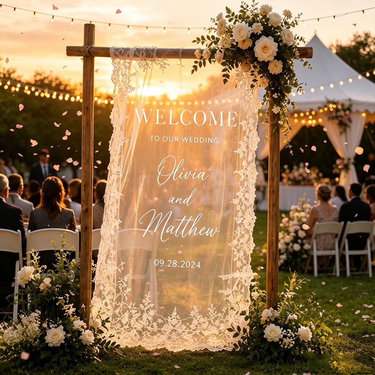 Custom Lace Wedding Welcome Sign Fabric Ceremony Reception Signage Personalized Modern Wedding Banner