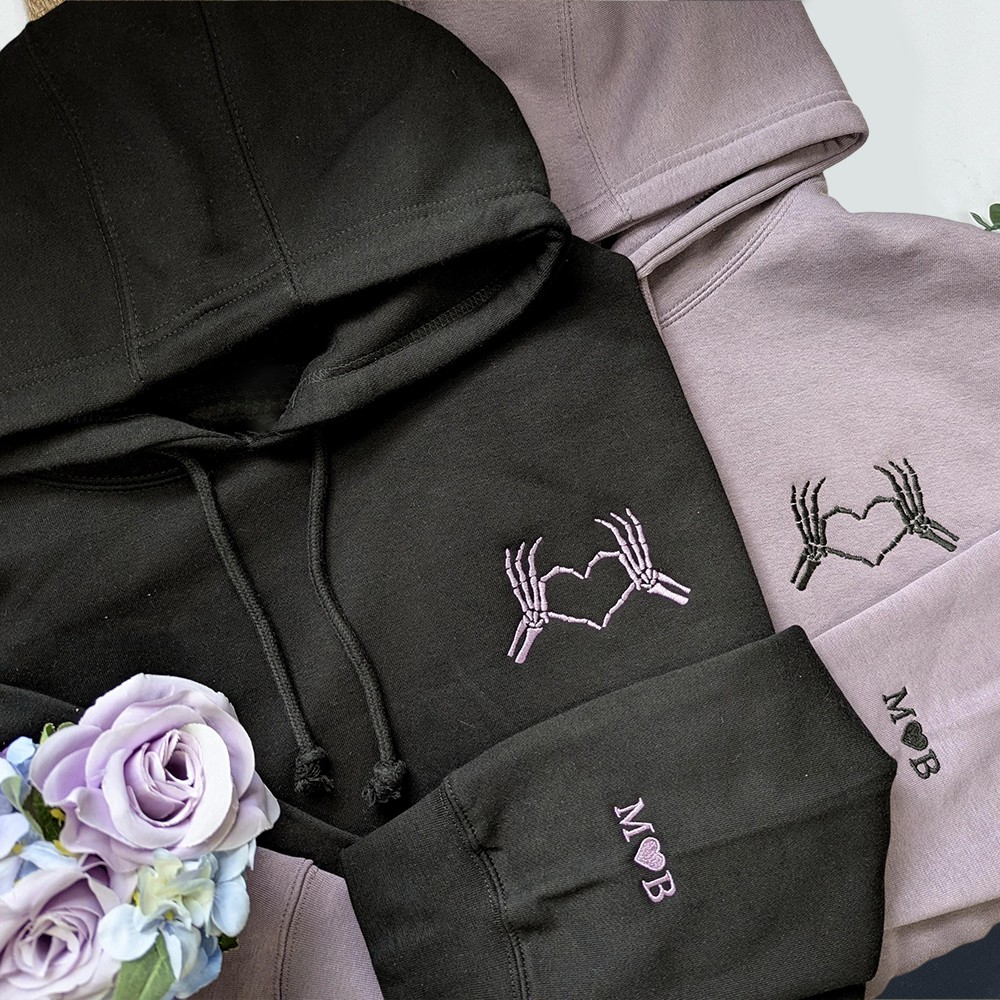 Personalized Embroidered Skeleton Heart Hoodie with Initial on Sleeve Unique Gifts for Couple Valentine's Day Gift
