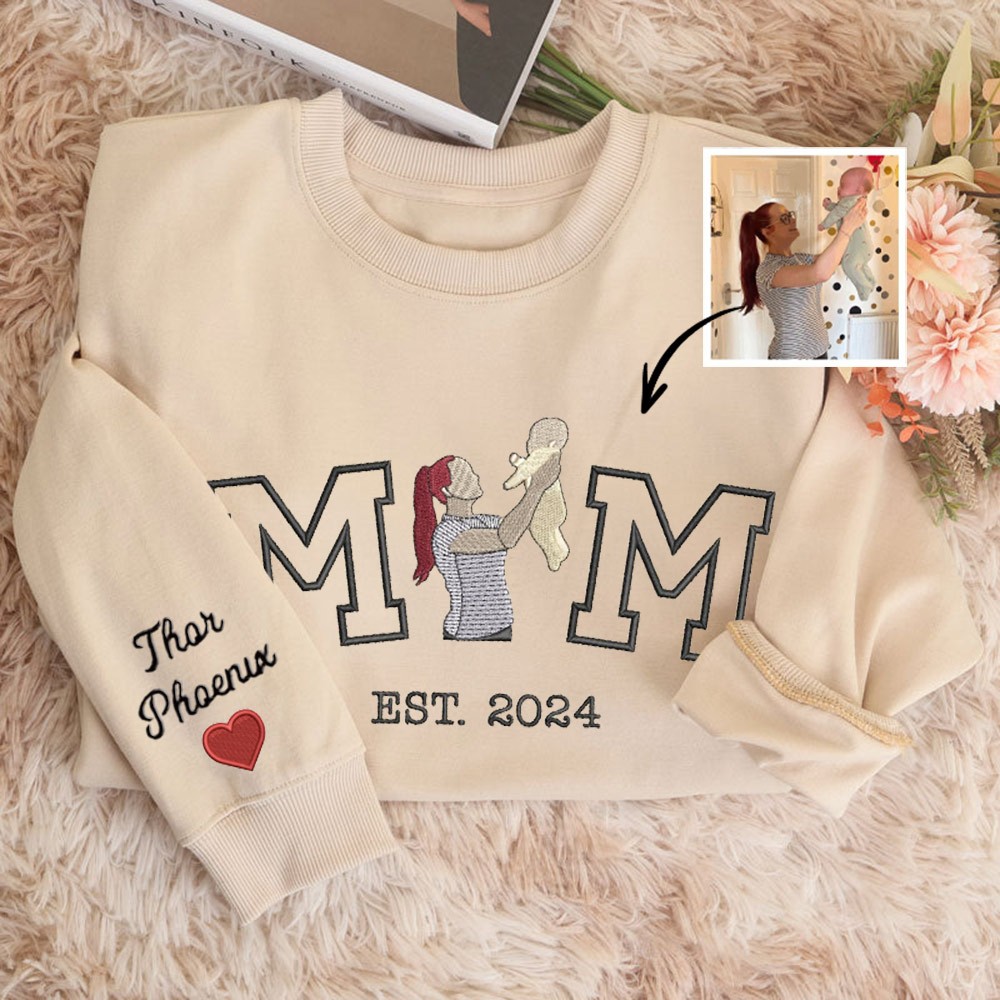 Embroidered Mom Photo Portrait Sweatshirt with Kids Names on Sleeve Personalized Gifts for Mom Grandma Mother's Day Gift