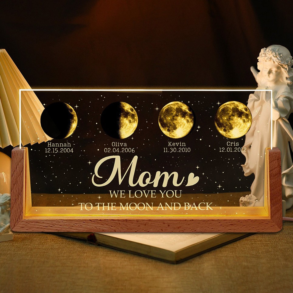 Personalized Mom We Love You To The Moon And Back Moon Phase Night Light By Date with Kids Names for Mom Mother's Day Gift