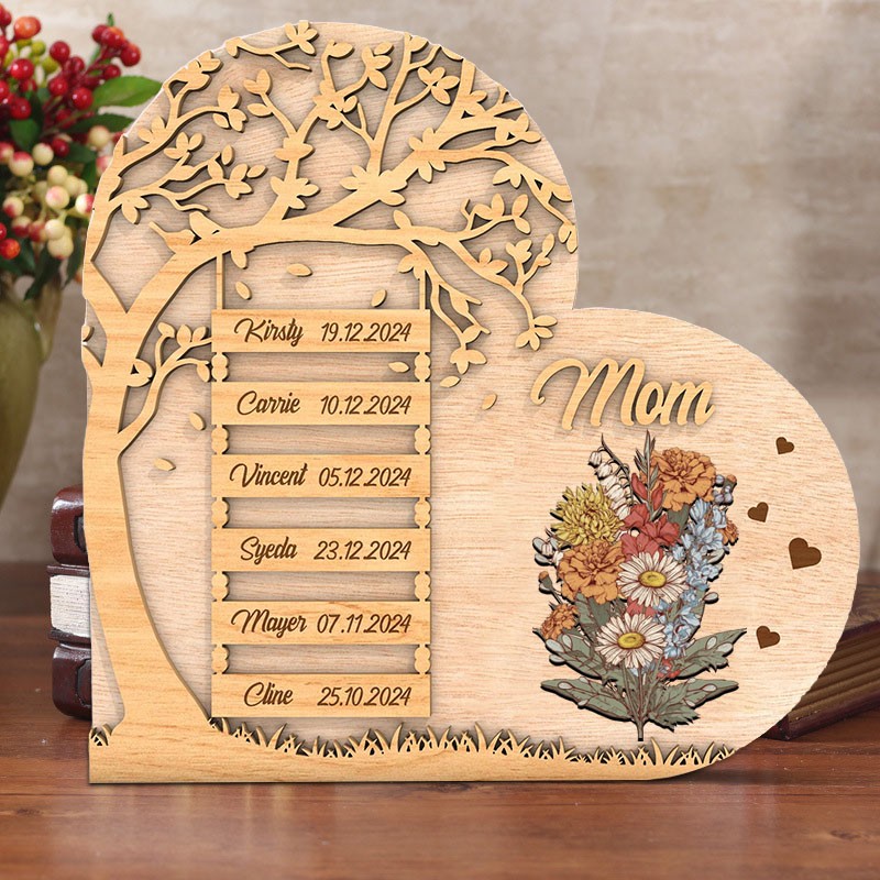 Personalized Birth Month Flower Family Bouquet Wood Plaque Sign with Kids Names for Mom Family Keepsake Gift Mother's Day Gift