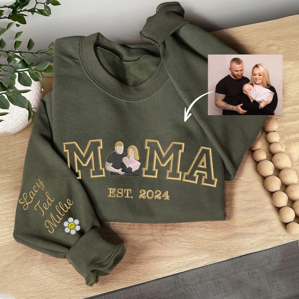 Personalized Mama Embroidered Photo Portrait Sweatshirt with Kids Names on Sleeve Birthday Gift for Mom Mother's Day Gift
