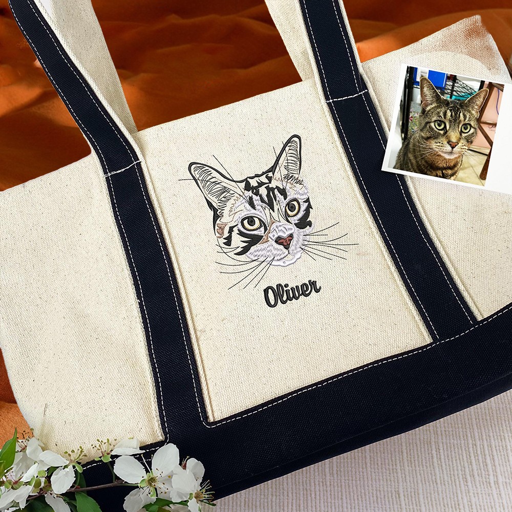 Personalized Embroidered Pet Portrait Tote Bag with Name Cat Mom Tote Bag for Cat Lovers Gift Ideas for Pet Lovers
