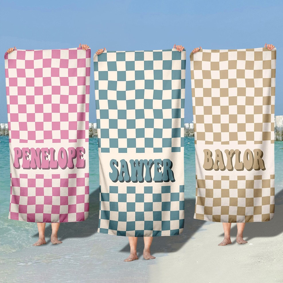 Personalized Checkered Retro Beach Towel with Name Summer Gift for Kids