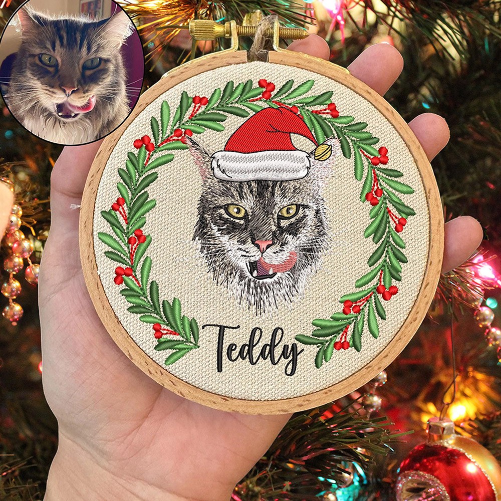 Custom Embroidered Cat Portrait Photo Ornament Gifts for Cat Lovers Pet Memorial Gift Christmas Gift for Pet Lovers