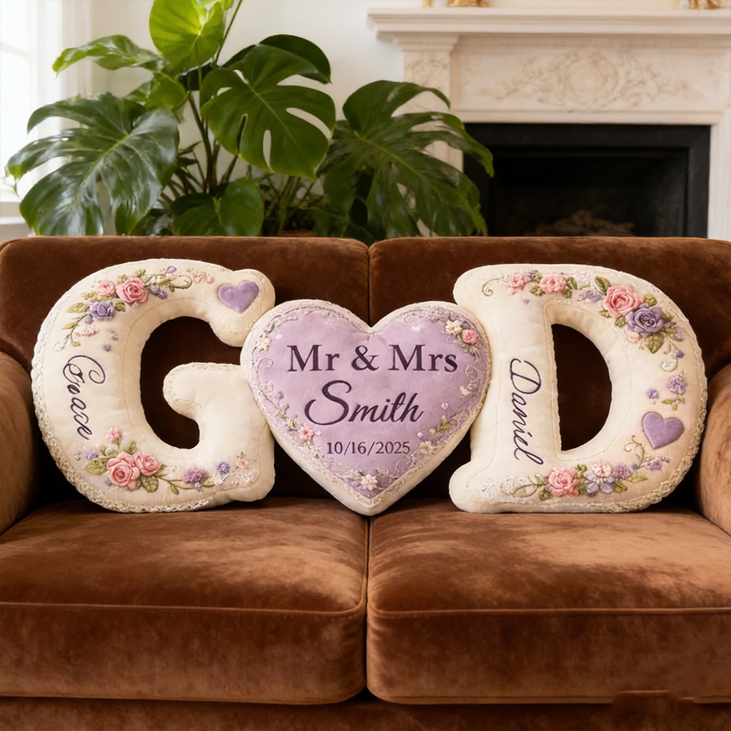 Custom Couple Letter Shaped Pillow Sets with Flower Pattern Design Unique Gifts for Anniversary Valentine's Day