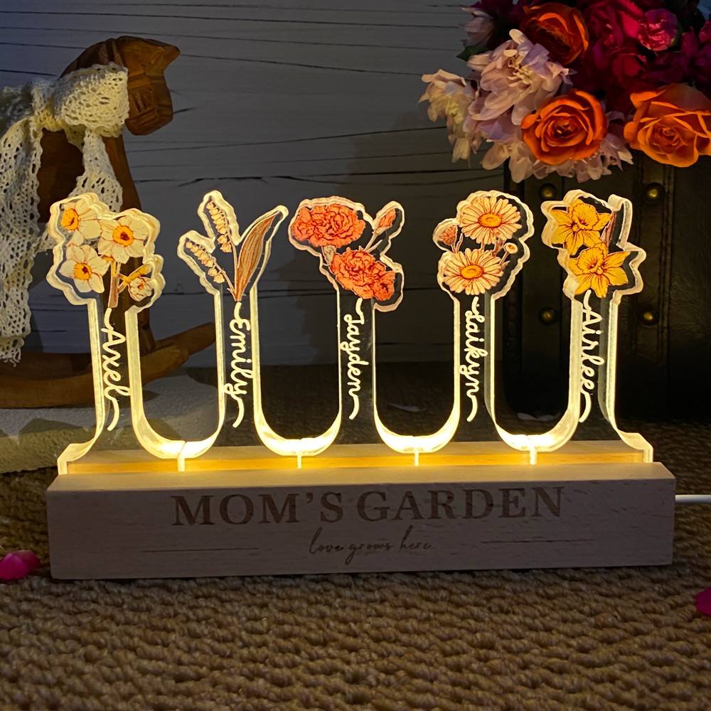 Personalized Mom's Garden Love Grows Here Birth Flower Night Light With Kids Names Family Gifts for Mom Grandma Unique Mother's Day Gift