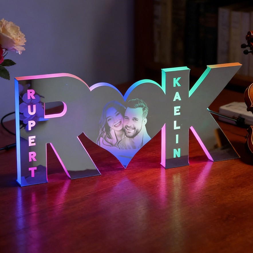 Personalized Led Mirror Night Light with Couple Photo and Initial Anniversary Gift for Wife Valentine's Day Gifts