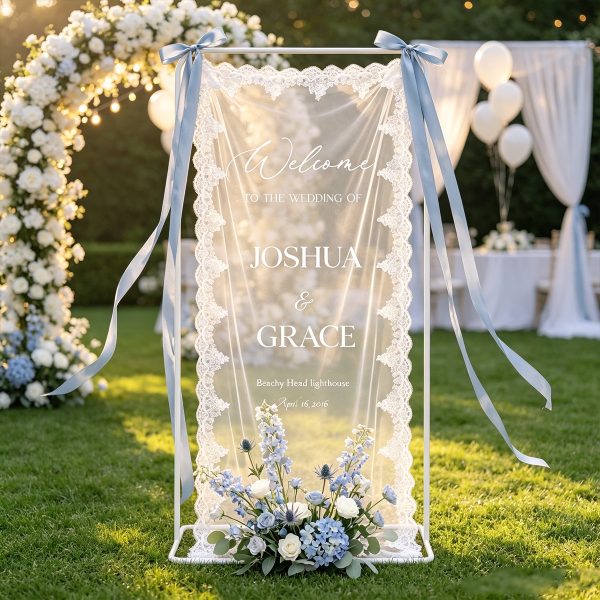 Custom Lace Wedding Welcome Sign Fabric Ceremony Reception Signage Personalized Modern Wedding Banner