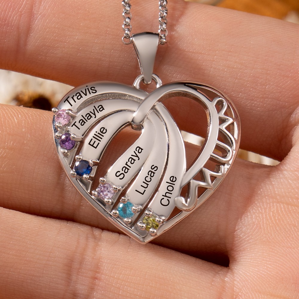 Personalized Heart Shaped Birthstones Necklace With Kids Names Keepsake Gift for Mom Grandma New Mom Gift Ideas
