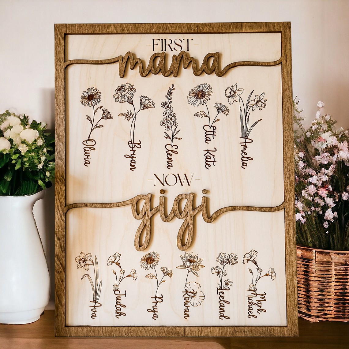 First Mama Now Gigi Personalized Birth Month Flowers Frame Unique Gift For Mom Grandma Christmas Gift