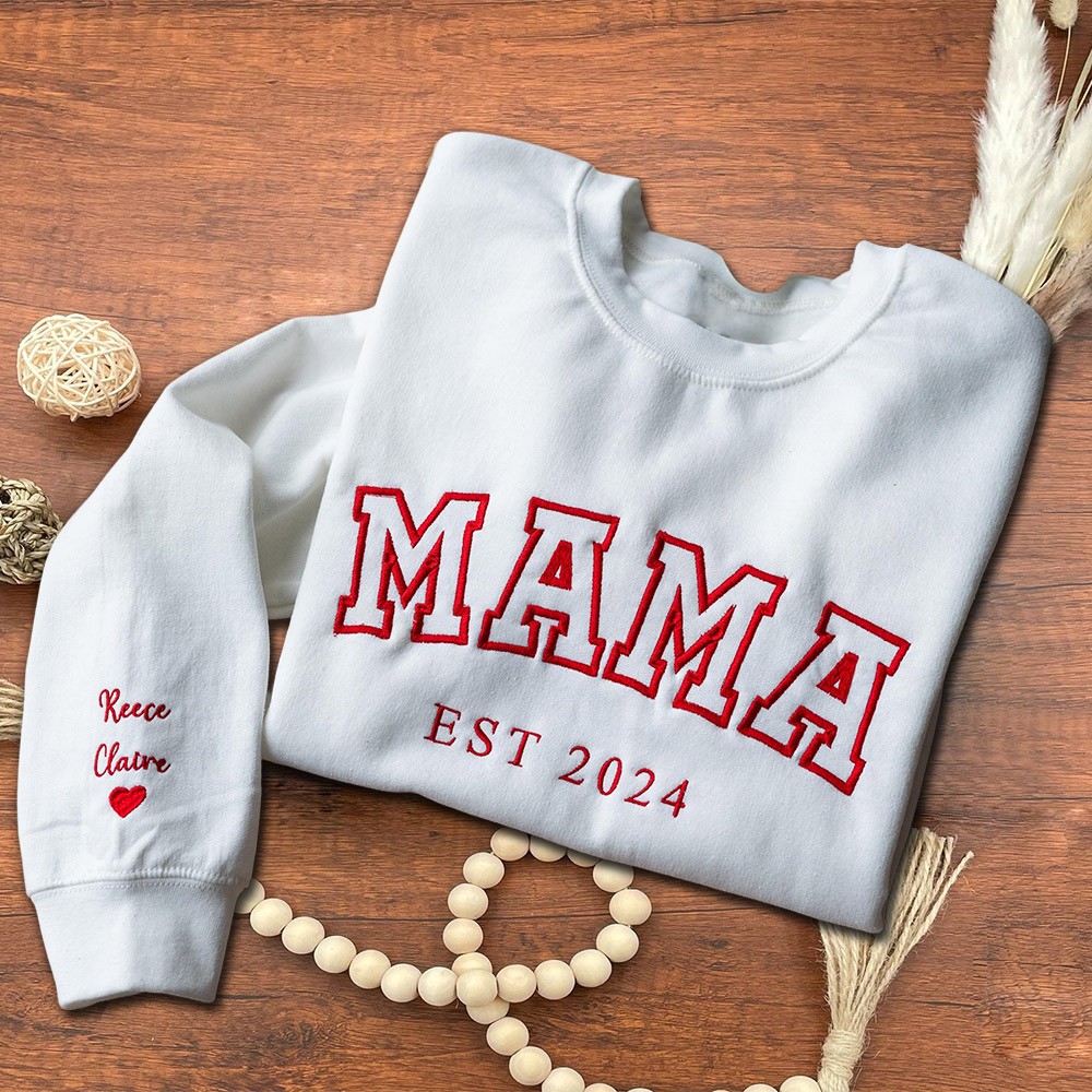 Custom Embroidered Mama Sweatshirt with Kids Names on Sleeve Gifts for Mom New Mom Gift Mother's Day Gift