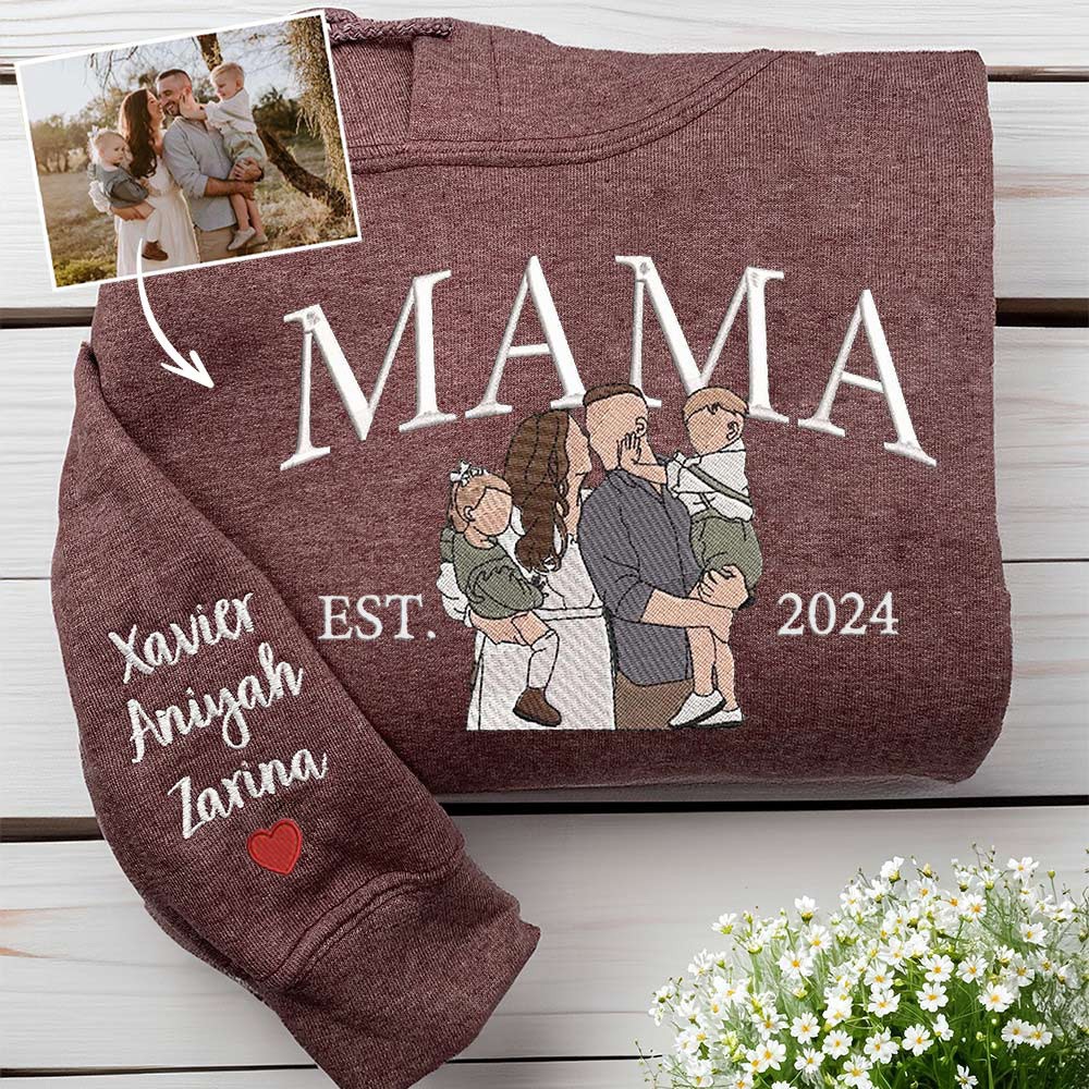 Personalized Mama Embroidered Photo Portrait Sweatshirt with Kids Names on Sleeve Gifts for Mom New Mom Gift Mother's Day Gift