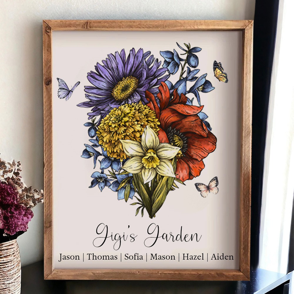 Custom Gigi's Garden Birth Month Flower Bouquet Frame Sign with Kids Names Christmas Gift for Grandma Mom