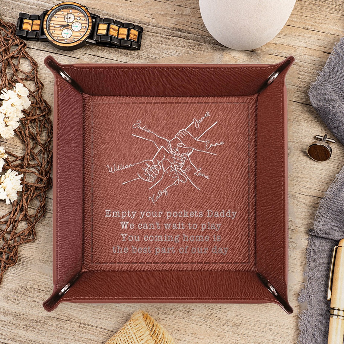 Empty Your Pockets Daddy Custom Leather Valet Tray with Kids Names Gifts for Dad Father's Day Gift