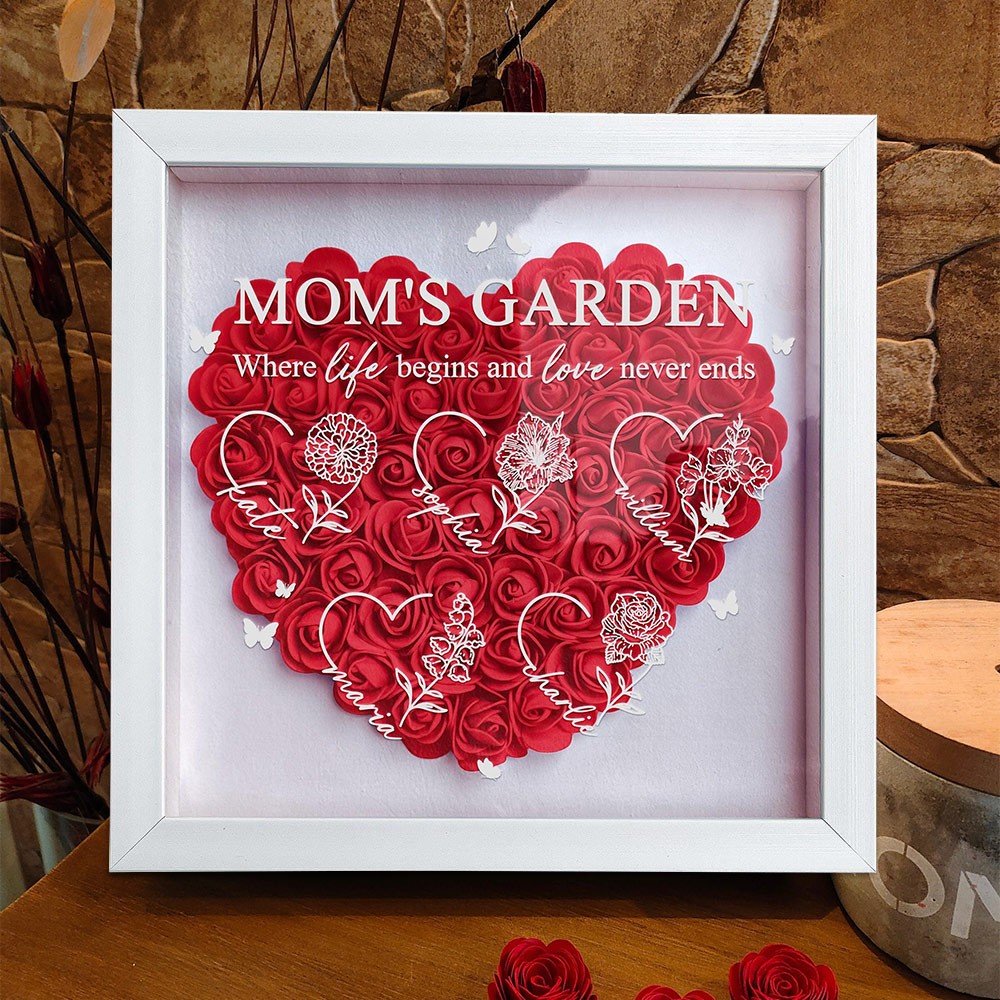 Custom Mom's Garden Birth Month Flower Shadow Box with Kids Names Gifts for Mom Grandma Mother's Day Gift