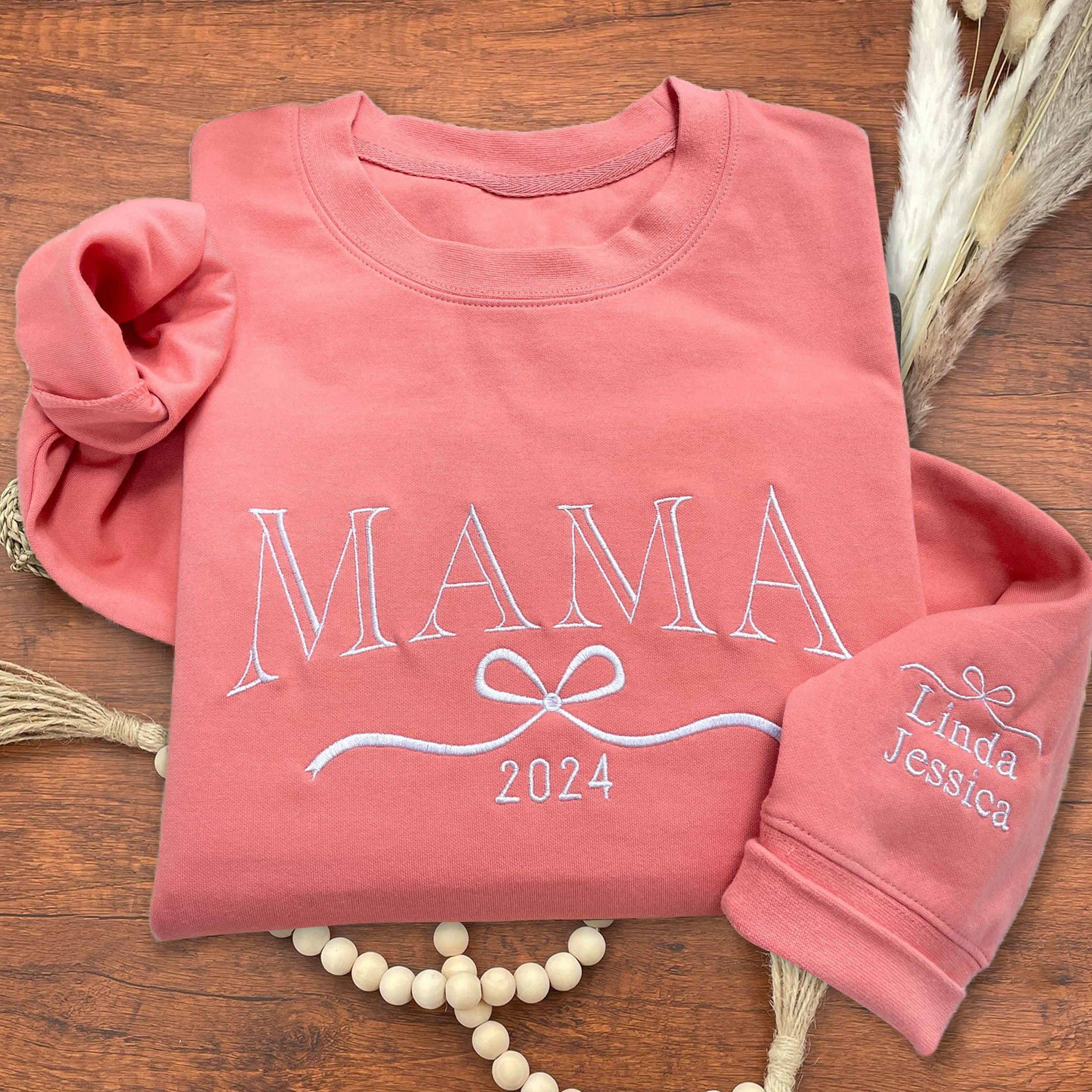 Personalized Mama Embroidered Sweatshirt with Kids Names and Bow on Sleeve New Mom Gift Mother's Day Gift Ideas