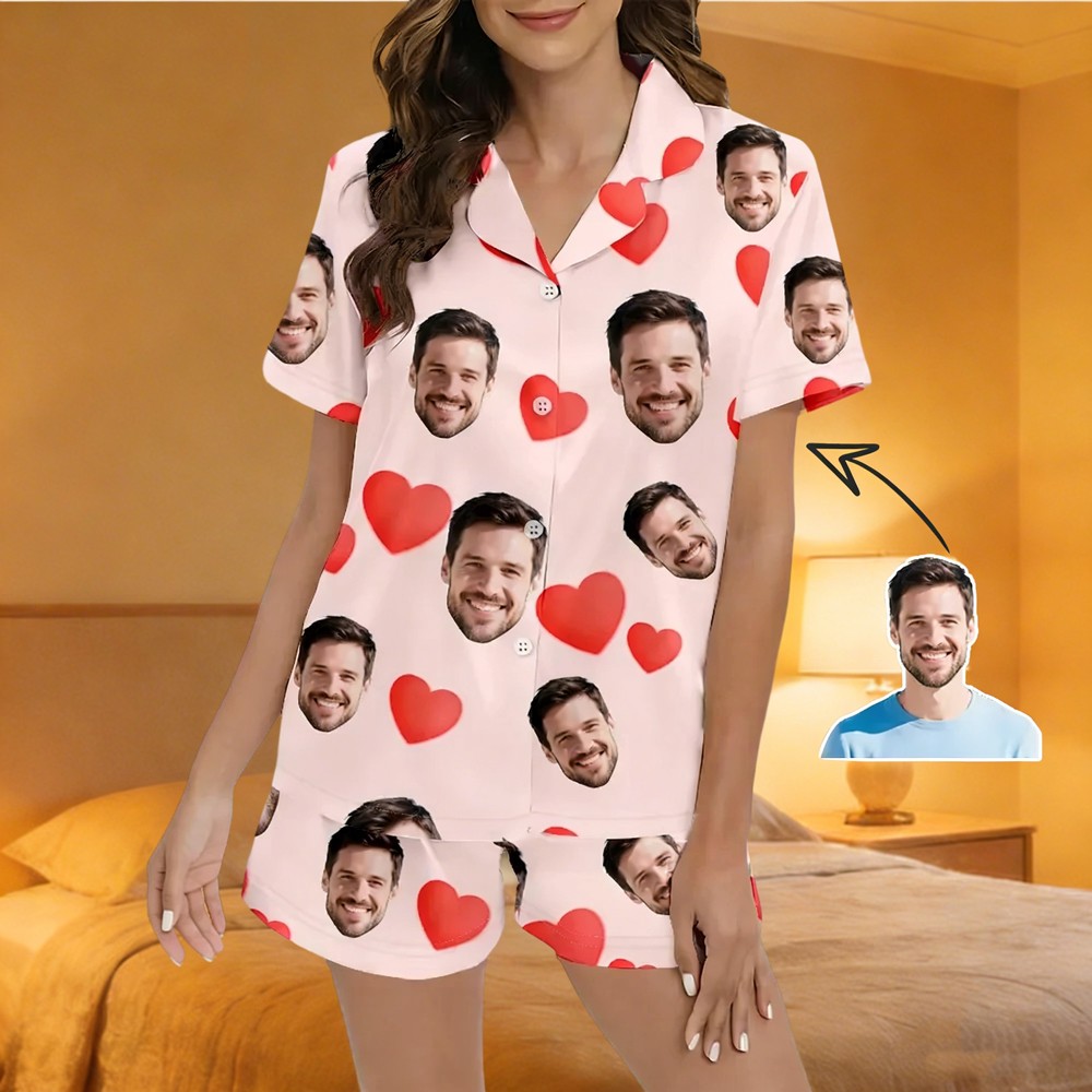 Custom Heart Print Short Sleeve Pajamas Set with Photo Portrait Gifts for Girlfriend Wife Valentine's Day Gift