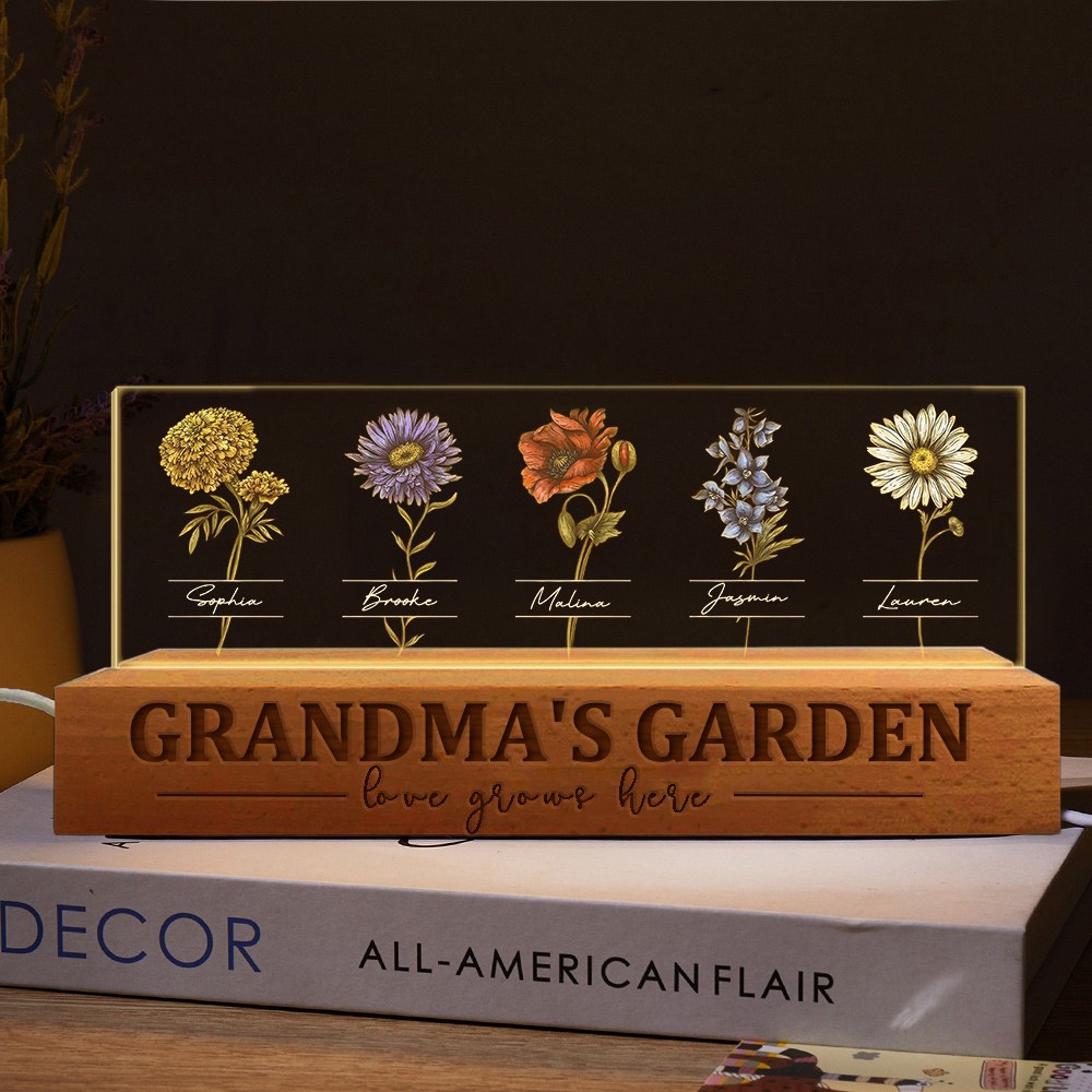 Custom Grandma's Garden Love Grows Here Birth Flower Wood Night Light Unique Christmas Gift for Mom Grandma