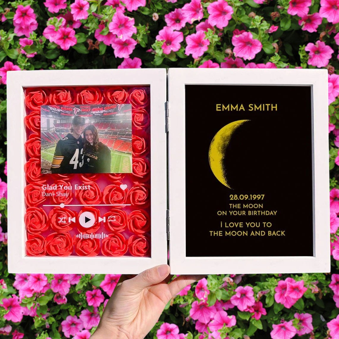 Custom Couple Portrait Flower Shadow Box with Moon Phase Calendar Gift Ideas for Couples Anniversary Gifts