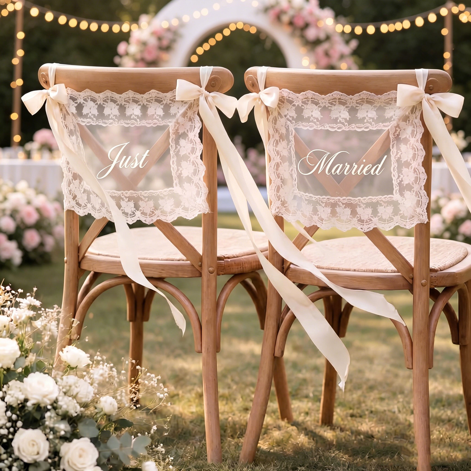 Personalized Lace Just Married Chair Sign for Bride & Groom Wedding Chair Decor Custom Wedding Chair Banners