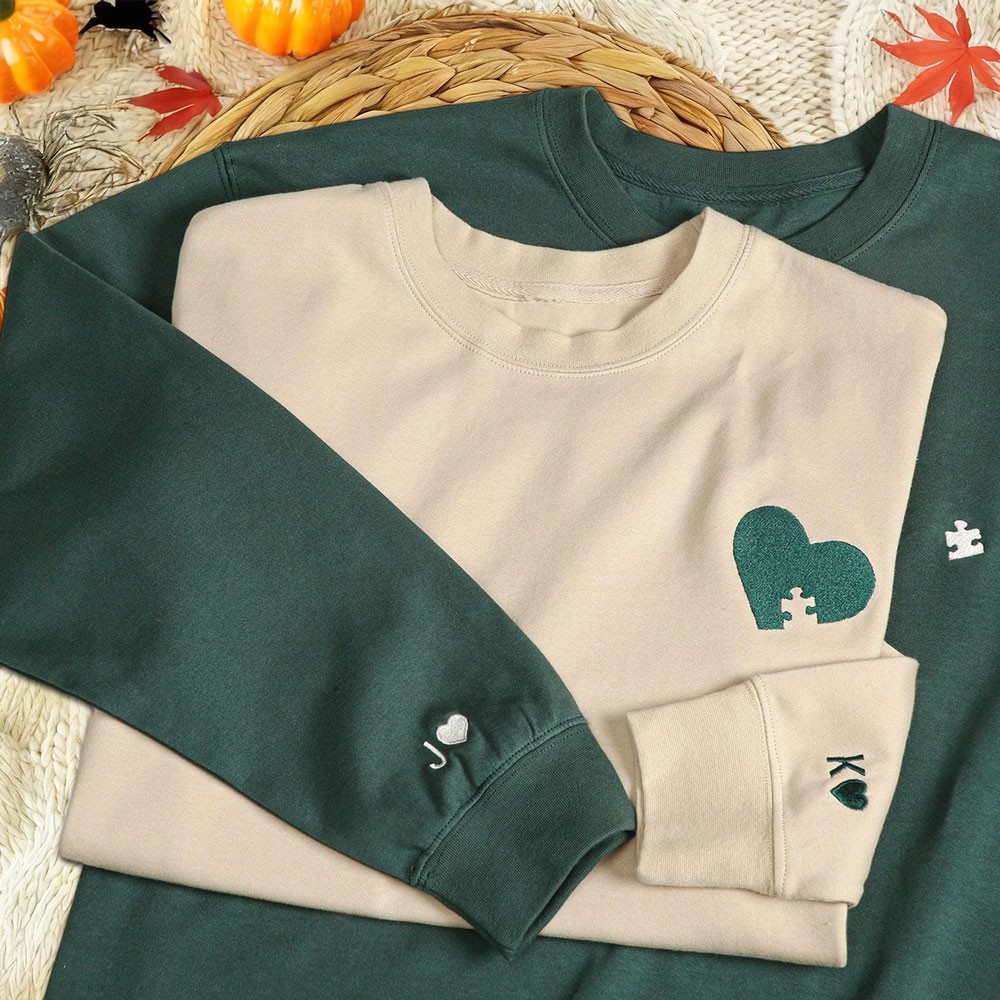 Custom Embroidered Heart and Puzzle Piece Couples Hoodie with Initial On Sleeve Anniversary Gift Valentine's Day Gifts