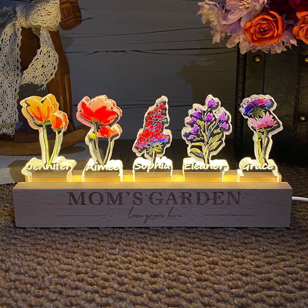 Custom Mom's Garden Love Grows Here Birth Flower Night Light Unique Birthday Gifts For Mom Grandma Mother's Day Gift Ideas