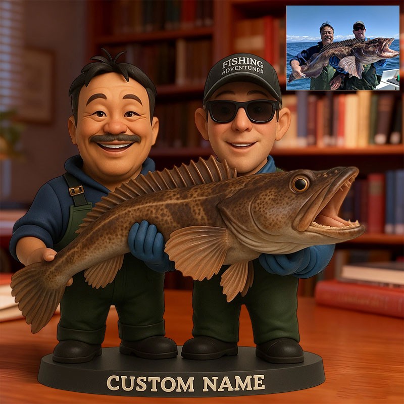 Custom Fishing Photo Portrait Cartoon Style Figurine for Him Unique Desk Decor Gifts for Fisherman Christmas Gift