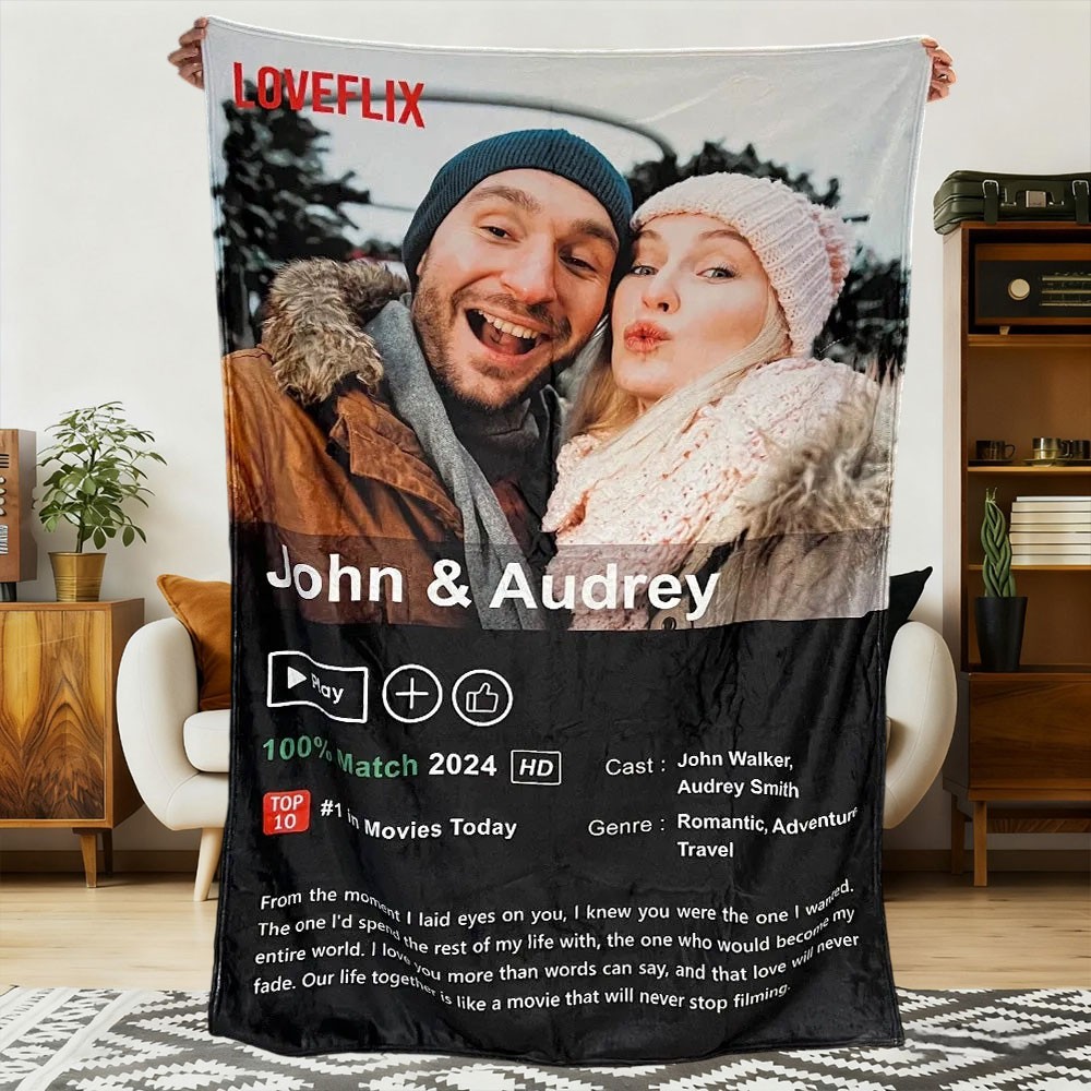Custom LOVEFLIX Movie Photo Blanket with Your Love Story Unique Gift for Couples Anniversary Gift Valentine's Day Gift