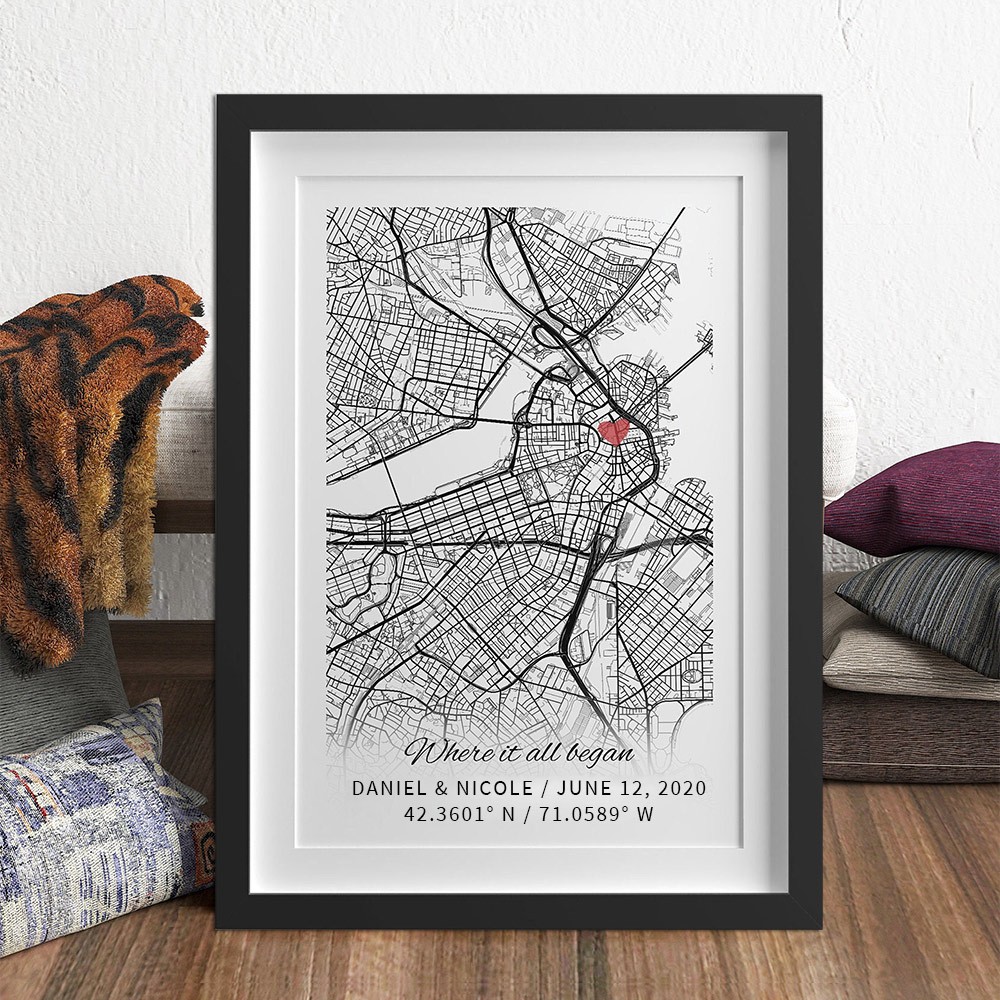 Custom Where It All Began Map Print Frame Wedding Anniversary Gifts for Her Valentine's Day Gifts for Couples