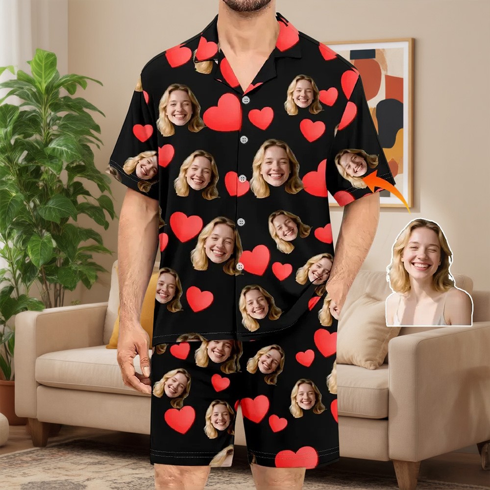 Custom Heart Print Short Sleeve Pajamas Set with Photo Portrait Gifts for Boyfriend Husband Valentine's Day Gift for Him