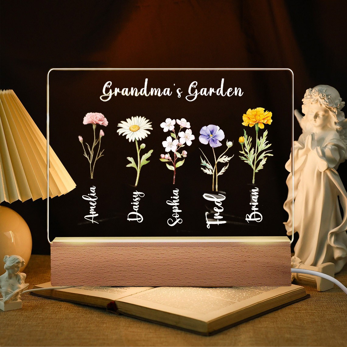 Personalized Grandma's Garden Birth Month Flower Night Light with Kids Names for Grandma Mom Mother's Day Gift Ideas