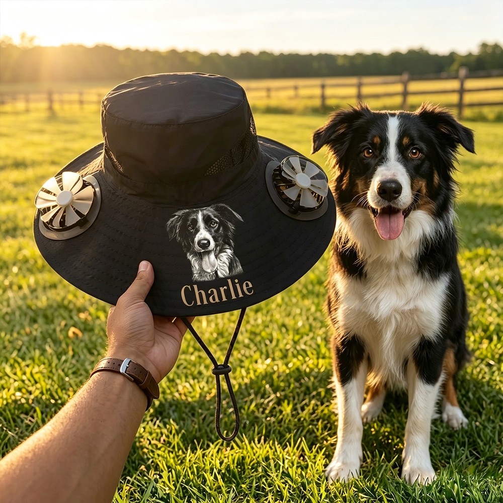 Personalized Men's Wide Brim Solar Fan Hat, Custom Dog Potrait Outdoor Fishing Sun Hat, Father's Day Gift, Dad Dog Gift