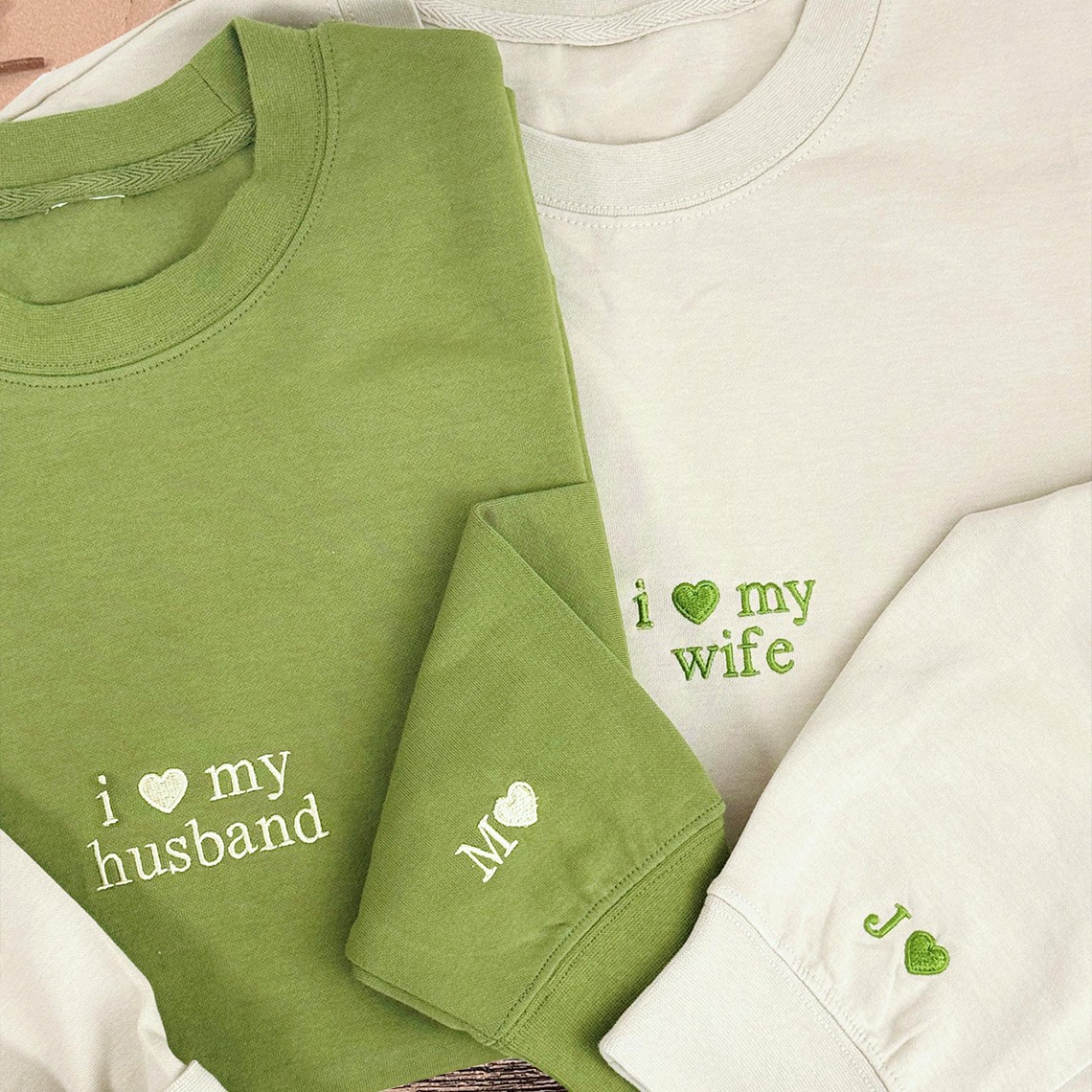 Custom Embroidered Couple Matching Sweatshirt with Initial On Sleeve 1st Anniversary Gift Valentine's Day Gifts for Wife Husband